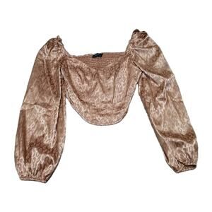 Milk & Honey Satin‎ Leopard Jacquard Puff Sleeve Crop Top Women’s S Smocked Y2K